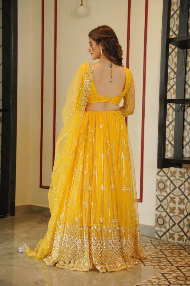 Yellow Net Embroidery Lehenga Choli with Dupatta - Indiakreations