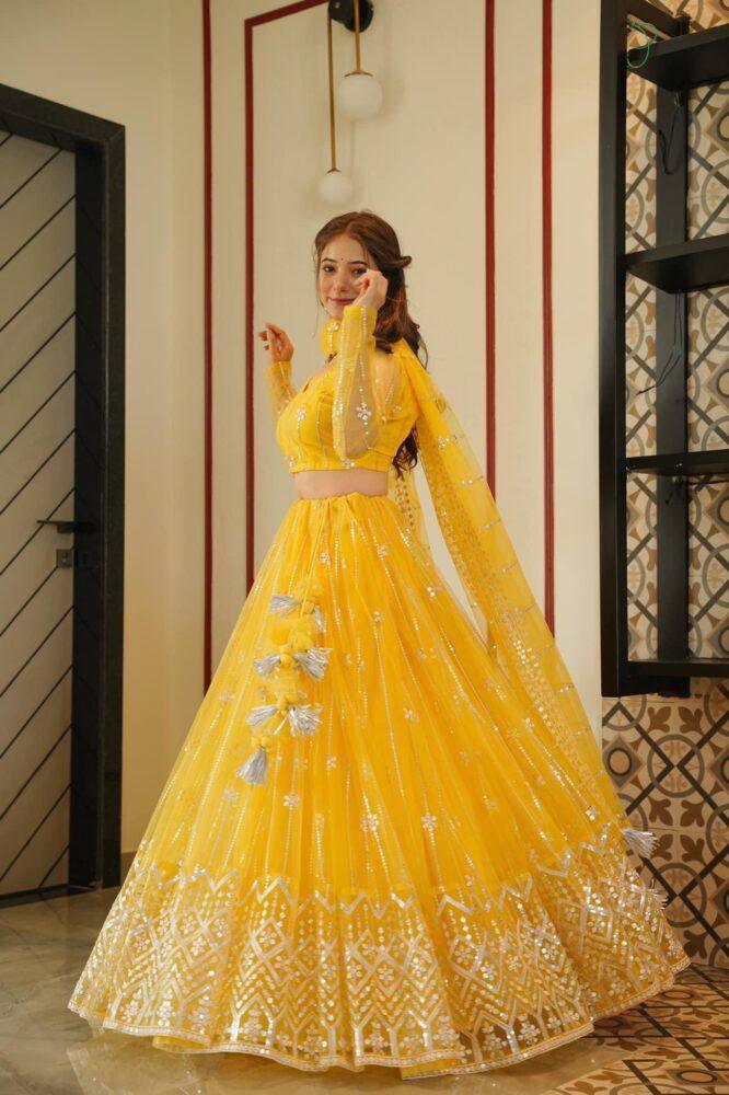 Yellow Net Embroidery Lehenga Choli with Dupatta - Indiakreations