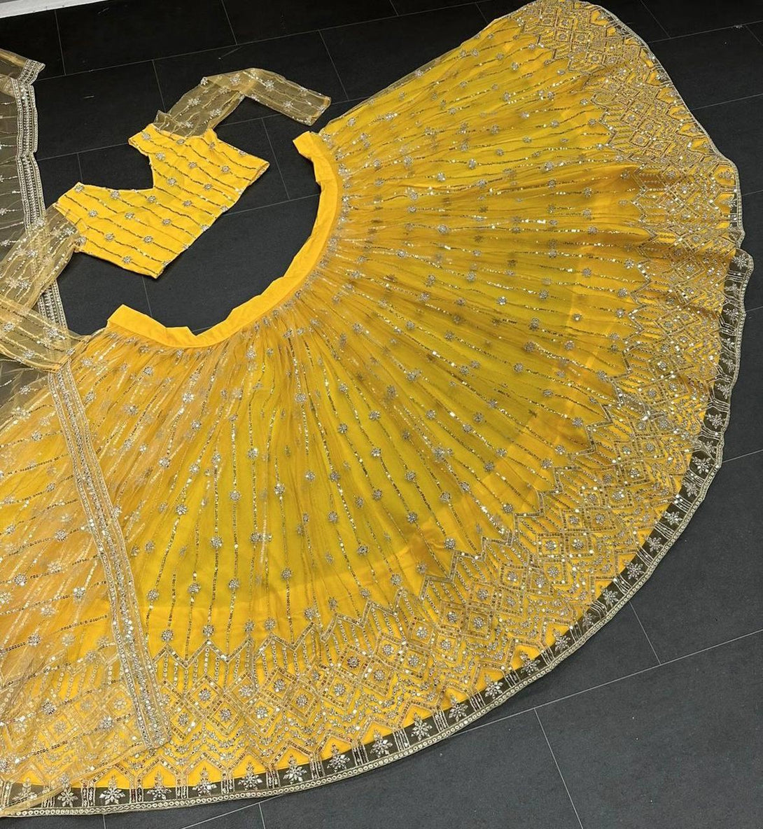 Yellow Net Embroidery Lehenga Choli with Dupatta - Indiakreations