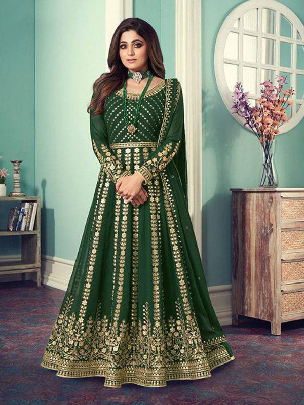 Forest Green Georgette Embroidery Anarkali with Dupatta Set - Indiakreations