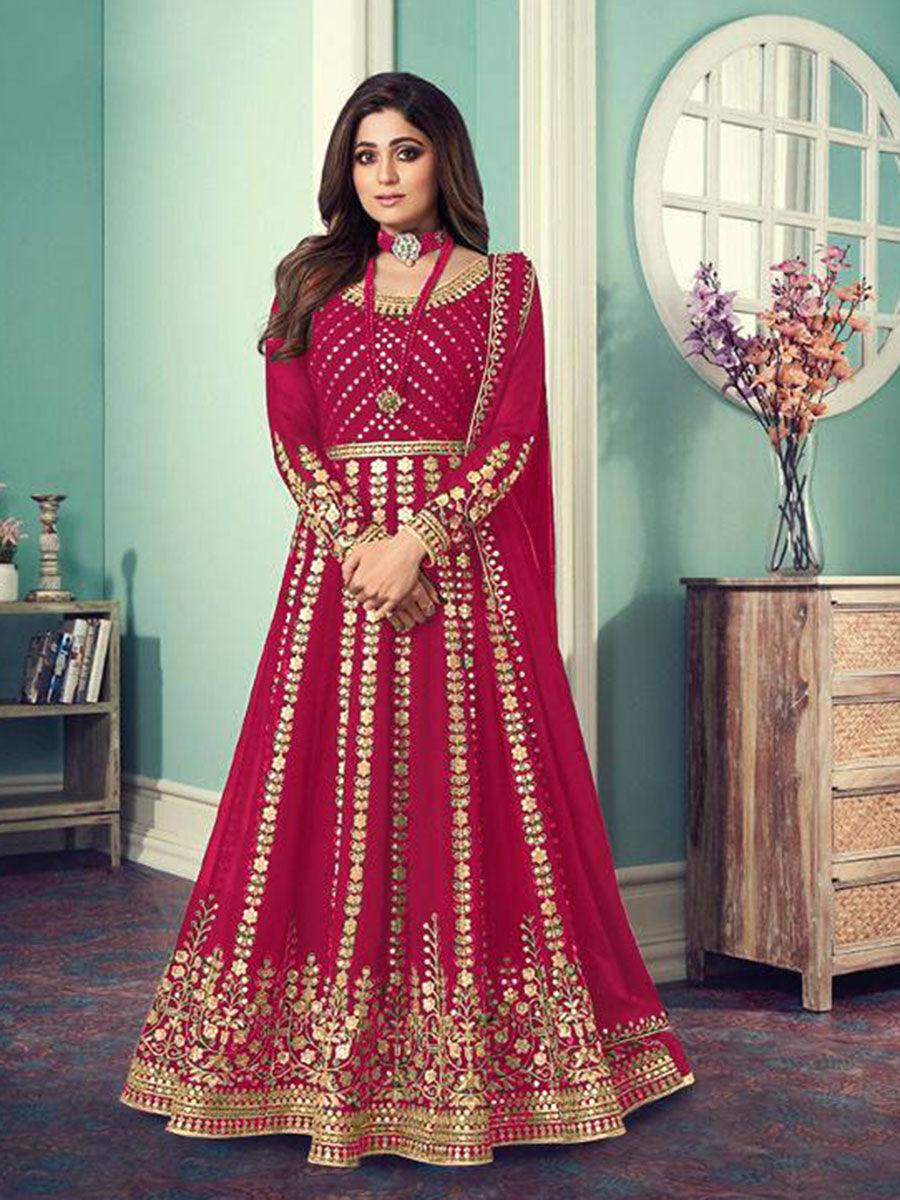 Dark Pink Georgette Embroidery Anarkali with Dupatta Set - Indiakreations