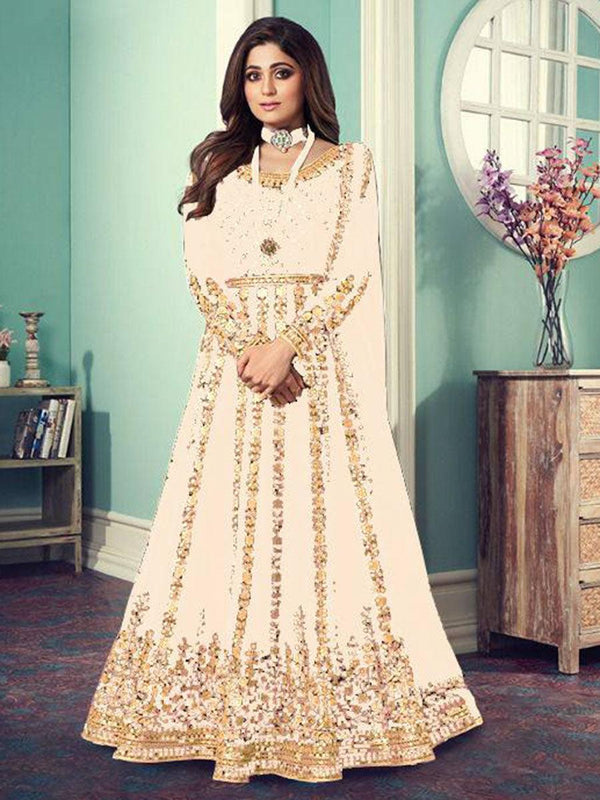 Ivory White Georgette Embroidery Anarkali with Dupatta Set - Indiakreations