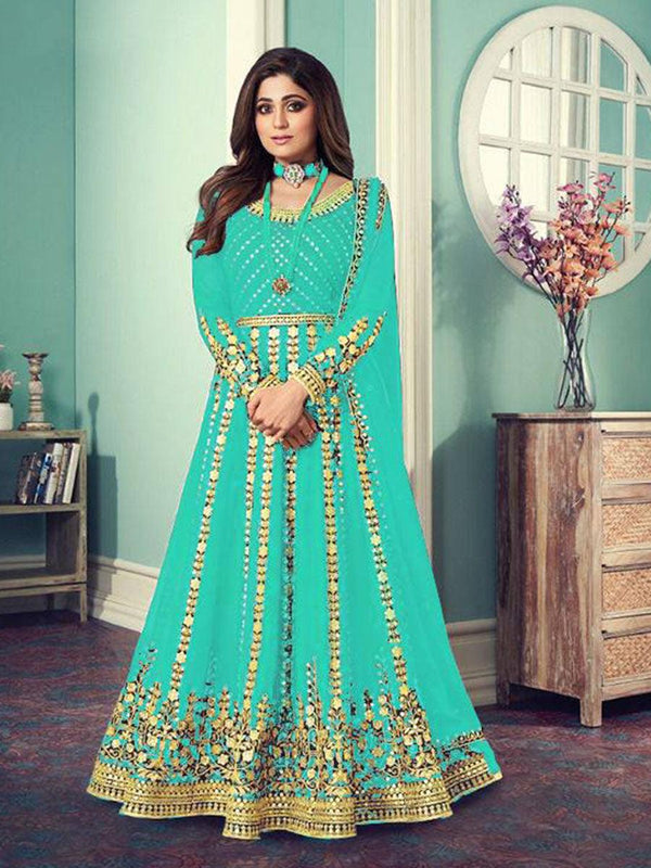 Aqua Blue Georgette Embroidery Anarkali with Dupatta Set - Indiakreations