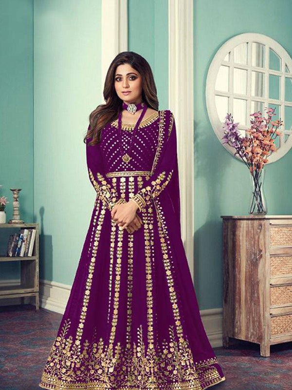 Magenta Purple Georgette Embroidery Anarkali with Dupatta Set - Indiakreations