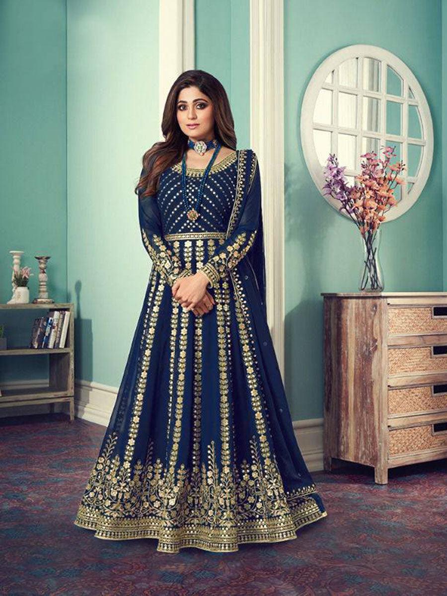 Navy Blue Georgette Embroidery Anarkali with Dupatta Set - Indiakreations