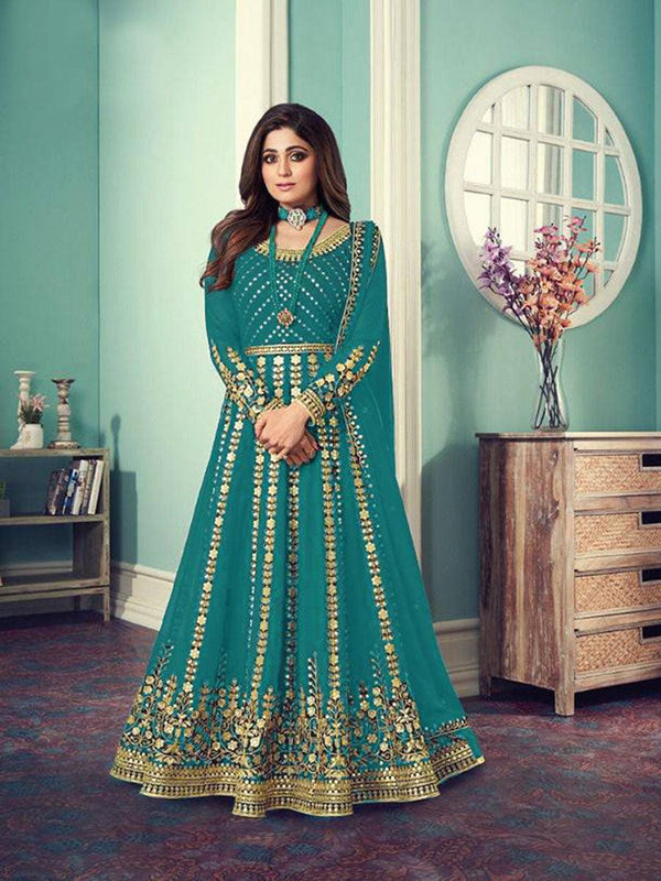 Teal Green Georgette Embroidery Anarkali with Dupatta Set - Indiakreations