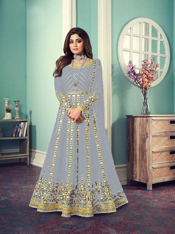 Light Grey Georgette Embroidery Anarkali with Dupatta Set - Indiakreations