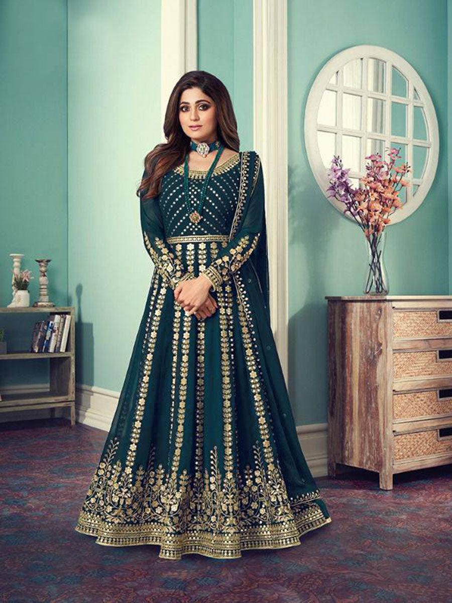 Dark Green Georgette Embroidery Anarkali with Dupatta Set - Indiakreations