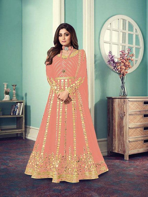 Salmon Orange Georgette Embroidery Anarkali with Dupatta Set - Indiakreations