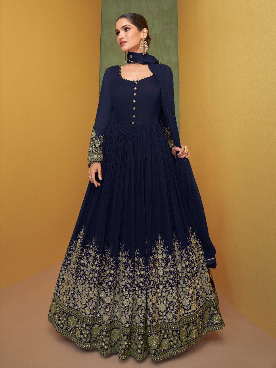 Blue Georgette Anarkali With Dupatta Set - Indiakreations