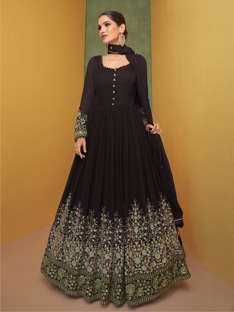 Brown Georgette Anarkali With Dupatta Set - Indiakreations