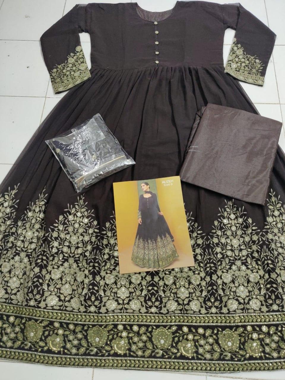 Brown Georgette Anarkali With Dupatta Set - Indiakreations