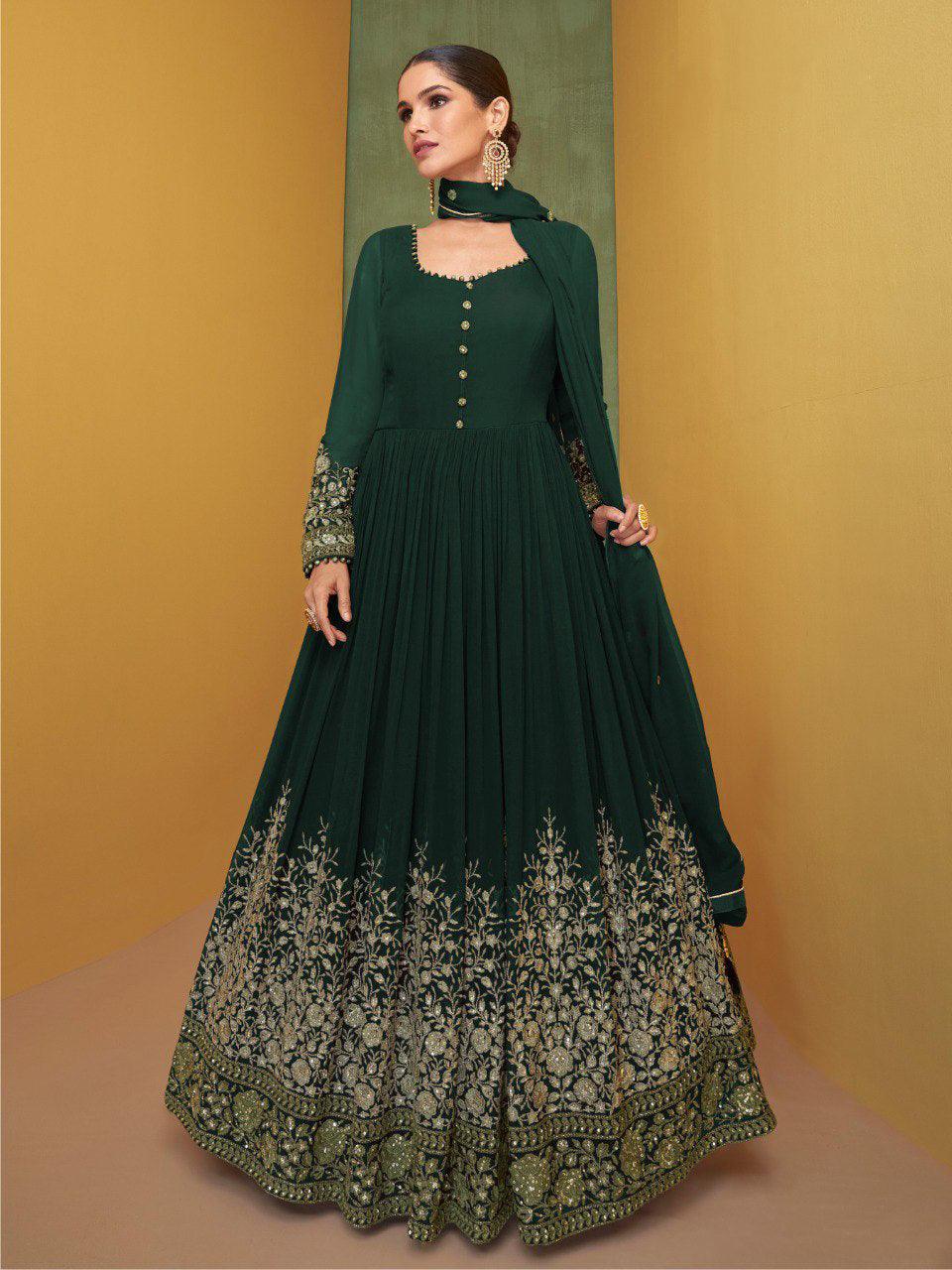 Green Georgette Anarkali With Dupatta Set - Indiakreations