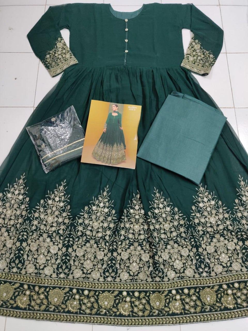 Green Georgette Anarkali With Dupatta Set - Indiakreations