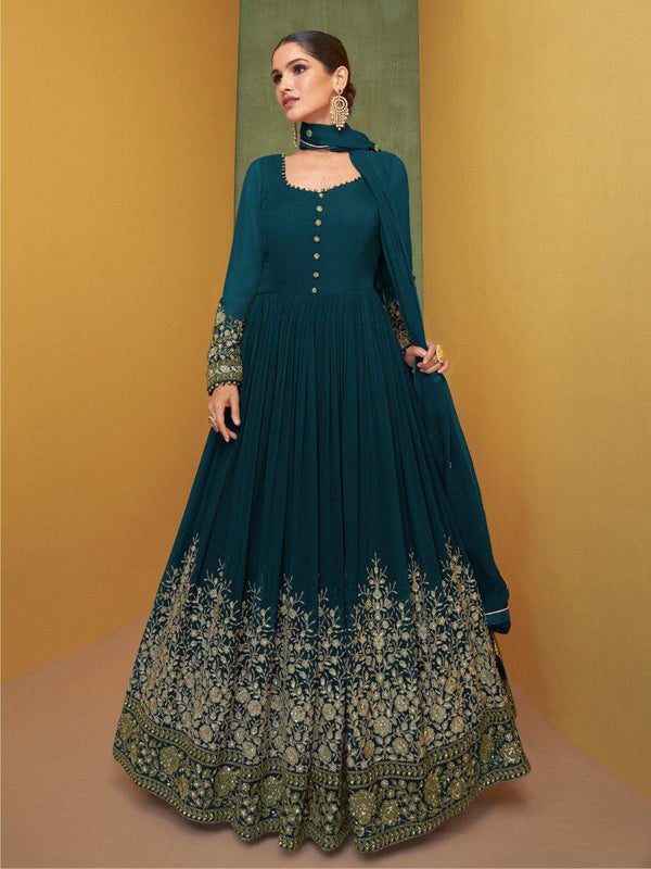 Teal Georgette Anarkali With Dupatta Set - Indiakreations