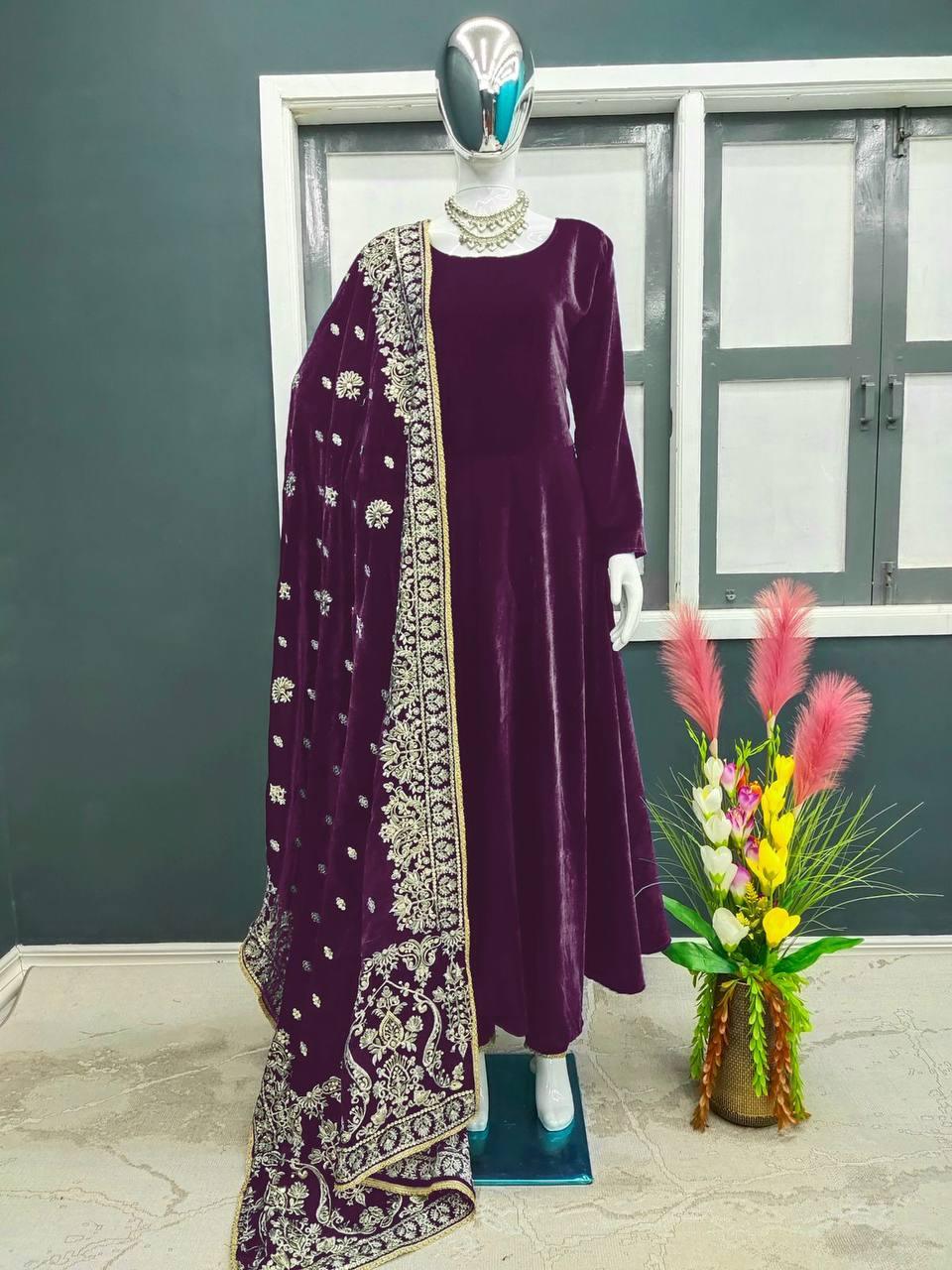 Purple Velvet Embroidery Salwar Suit with Dupatta - Indiakreations