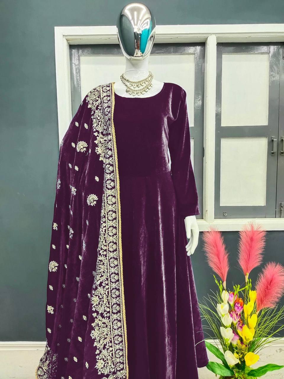 Purple Velvet Embroidery Salwar Suit with Dupatta - Indiakreations