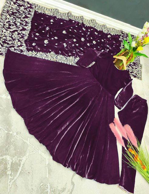 Purple Velvet Embroidery Salwar Suit with Dupatta - Indiakreations