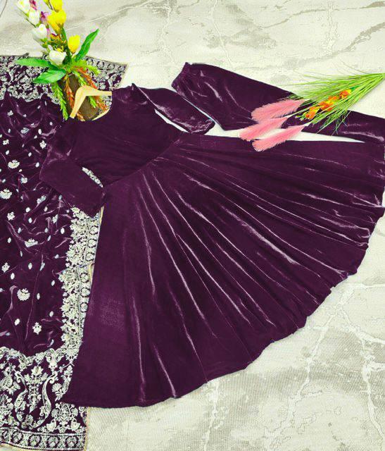 Purple Velvet Embroidery Salwar Suit with Dupatta - Indiakreations