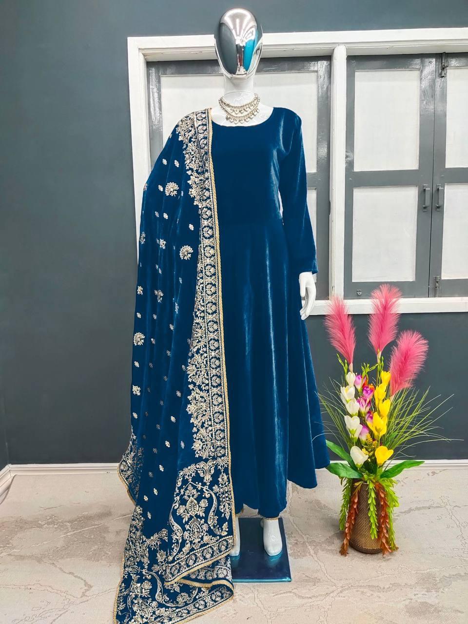 Blue Velvet Embroidery Salwar Suit with Dupatta - Indiakreations