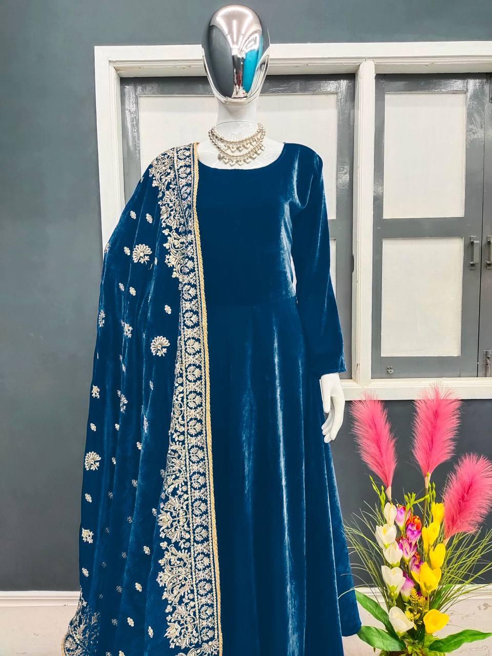 Blue Velvet Embroidery Salwar Suit with Dupatta - Indiakreations