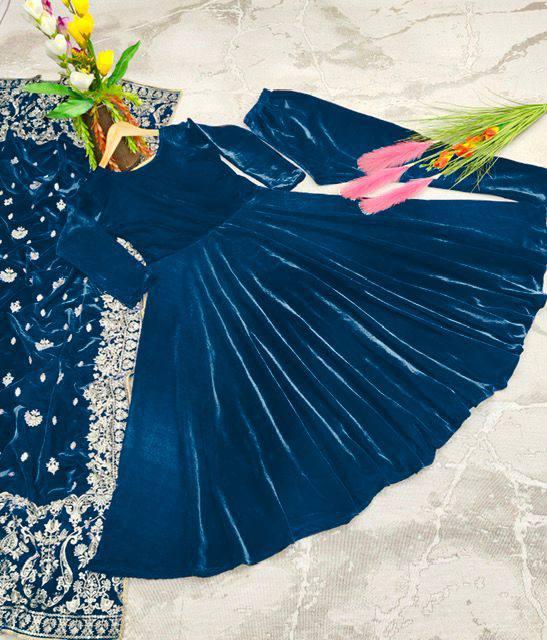 Blue Velvet Embroidery Salwar Suit with Dupatta - Indiakreations