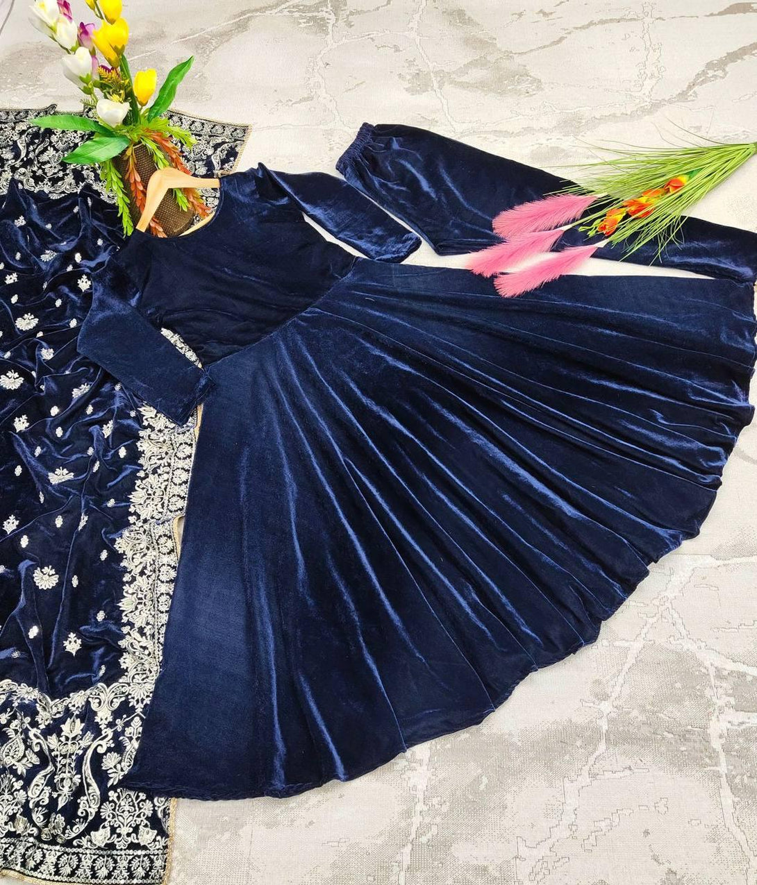 Navy Blue Velvet Embroidery Salwar Suit with Dupatta - Indiakreations