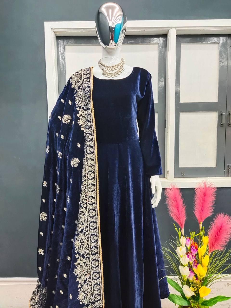 Navy Blue Velvet Embroidery Salwar Suit with Dupatta - Indiakreations