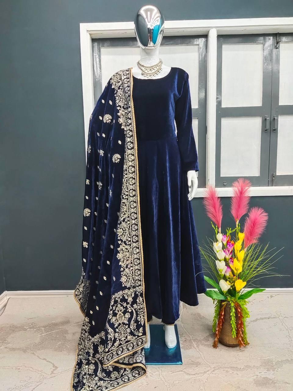 Navy Blue Velvet Embroidery Salwar Suit with Dupatta - Indiakreations