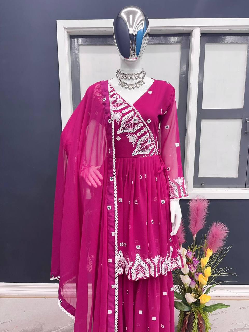 Deep Pink Georgette Embroidery Salwar Suit with Dupatta - Indiakreations