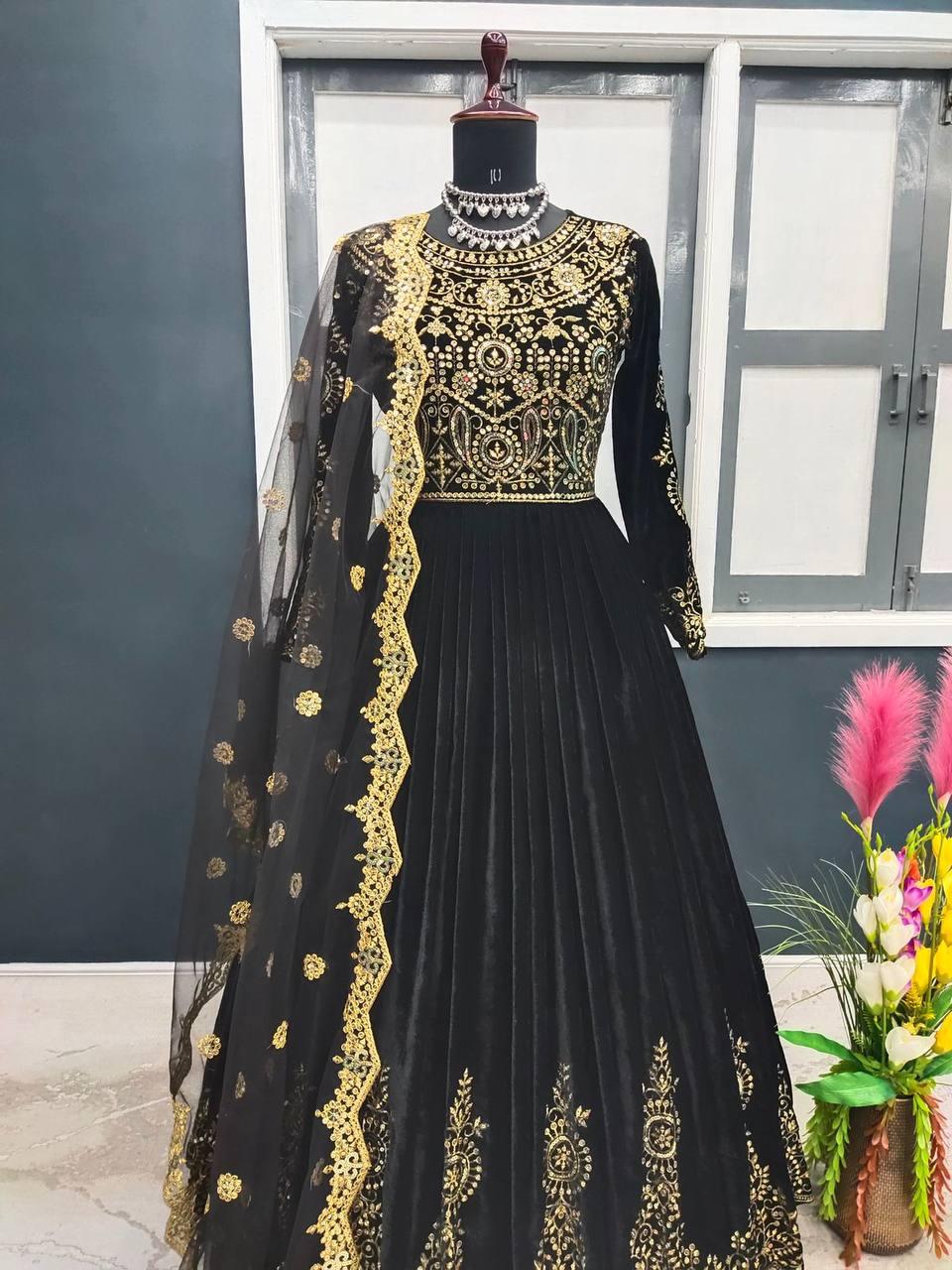 Black Velvet Embroidery Salwar Suit with Dupatta - Indiakreations