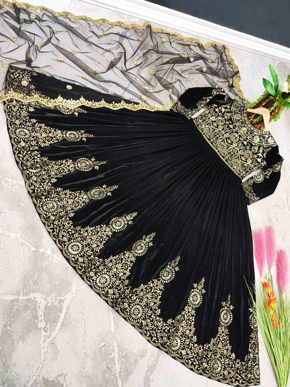 Black Velvet Embroidery Salwar Suit with Dupatta - Indiakreations