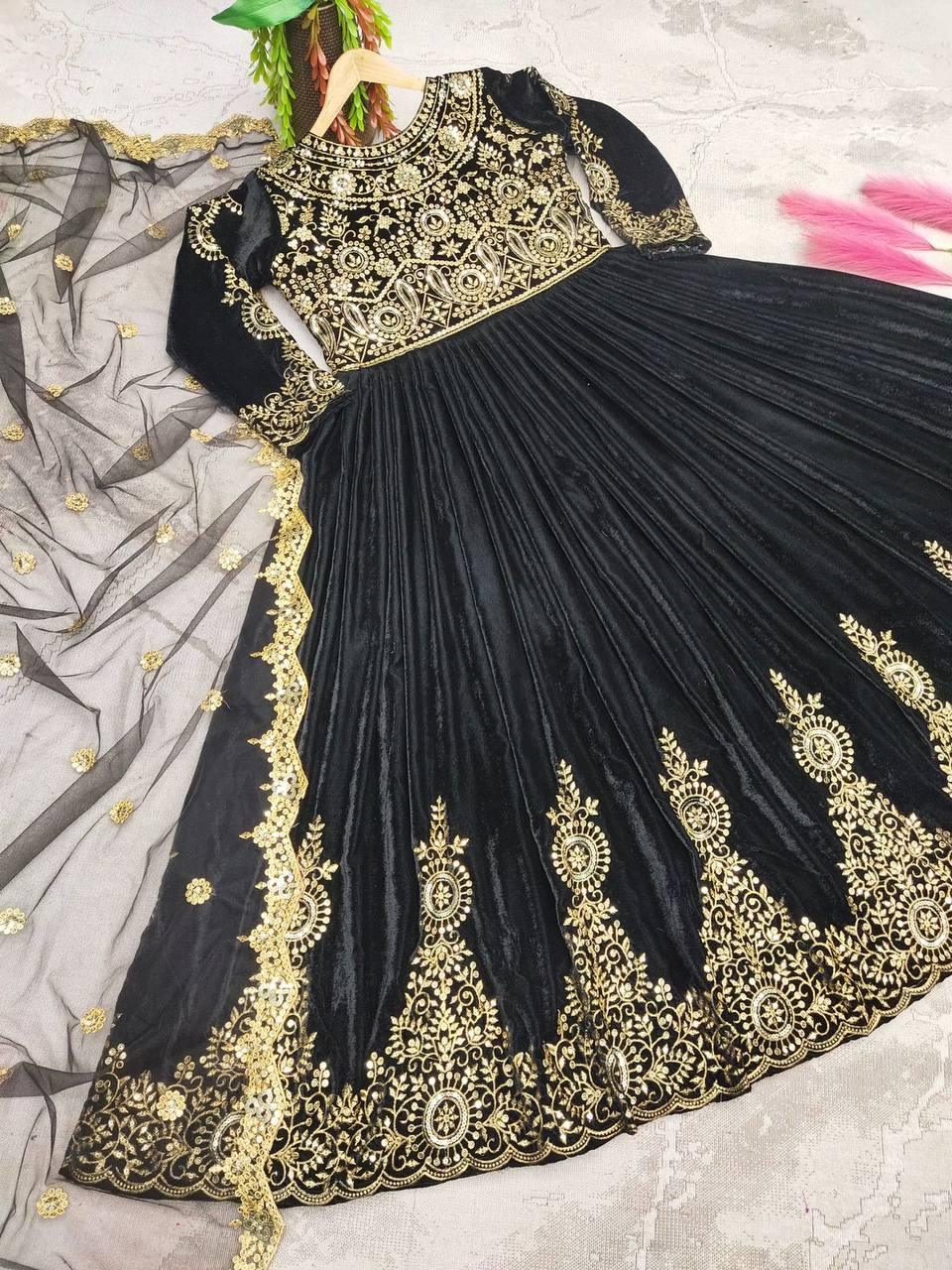 Black Velvet Embroidery Salwar Suit with Dupatta - Indiakreations