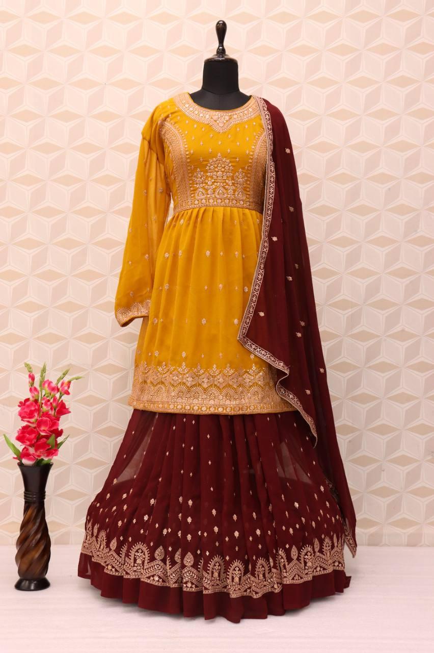 Yellow And Brown Georgette Embroidery Anarkali With Dupatta Set - Indiakreations