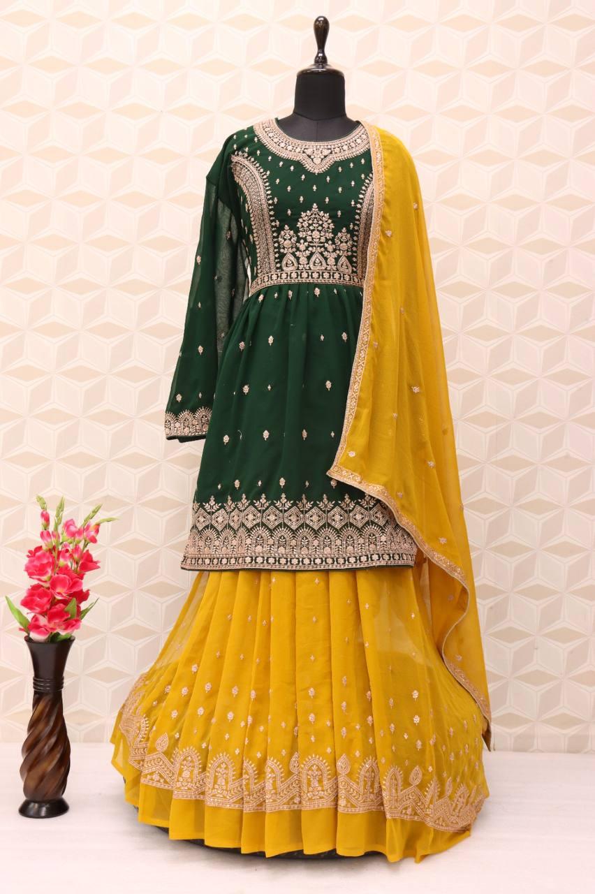 Green And Yellow Georgette Embroidery Anarkali With Dupatta Set - Indiakreations