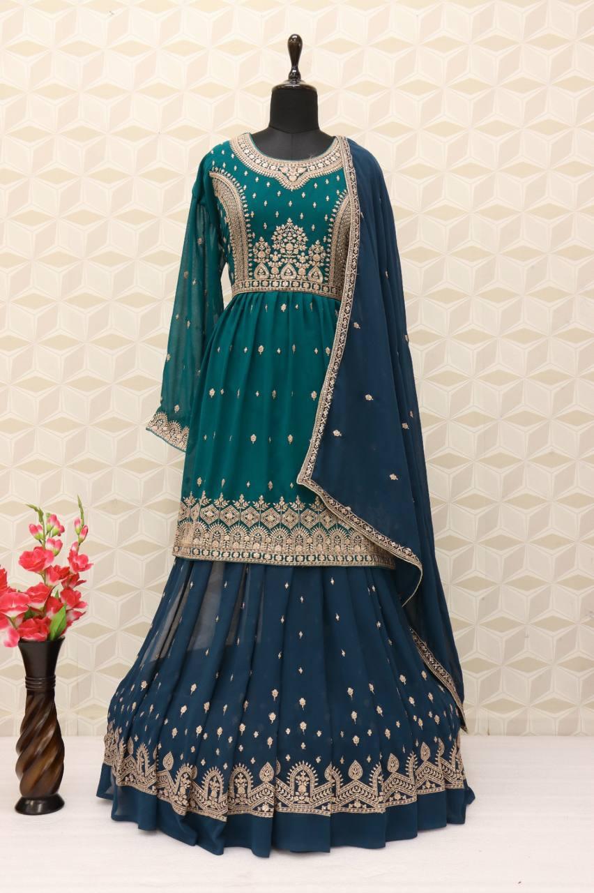 Teal And Blue Georgette Embroidery Anarkali With Dupatta Set - Indiakreations