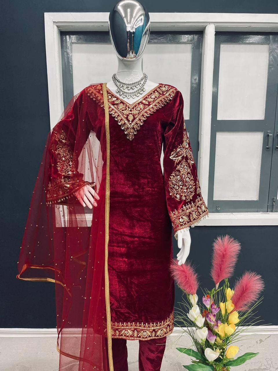 Blood Red Velvet Embroidery Salwar Suit with Dupatta - Indiakreations