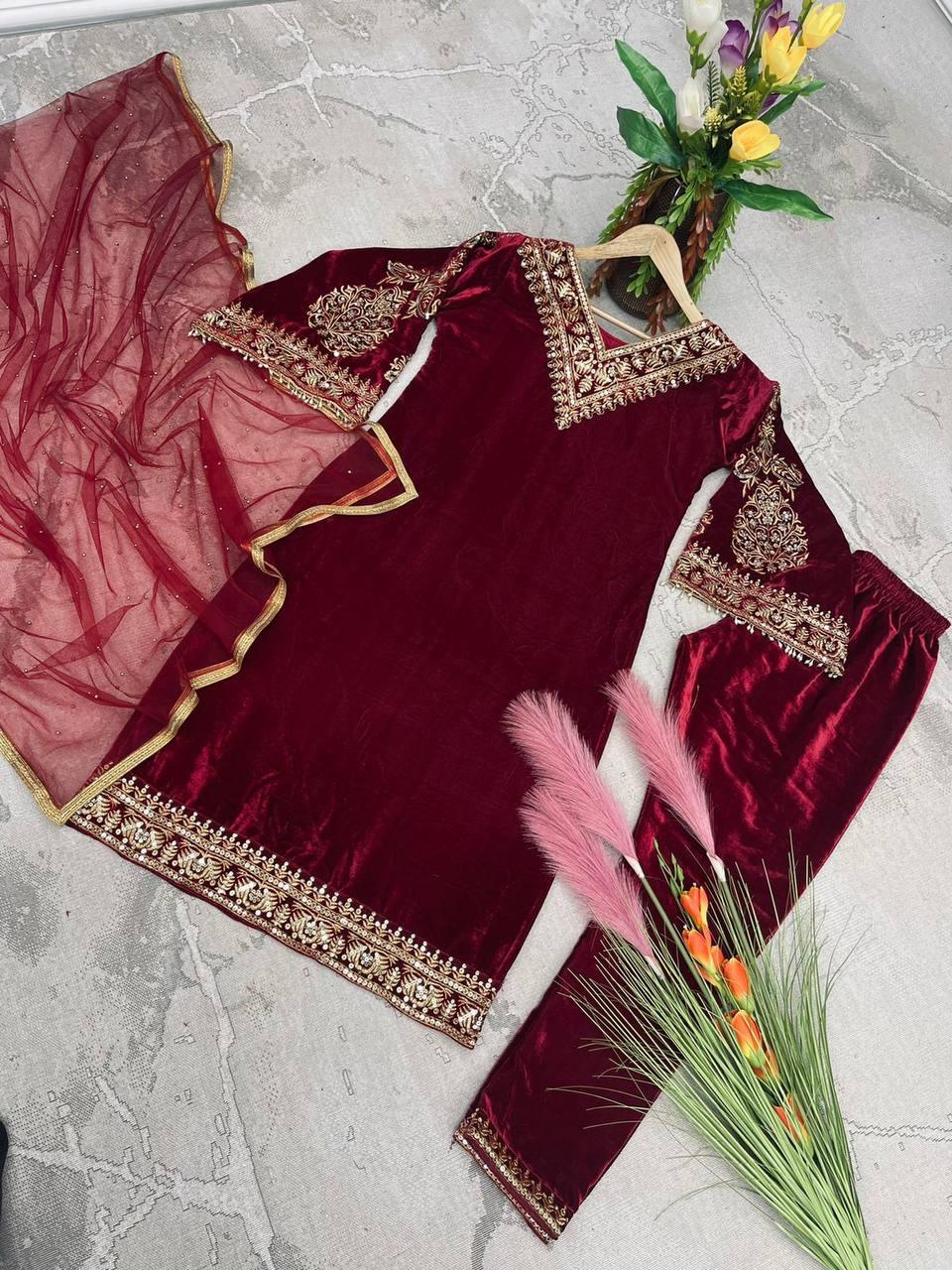 Blood Red Velvet Embroidery Salwar Suit with Dupatta - Indiakreations