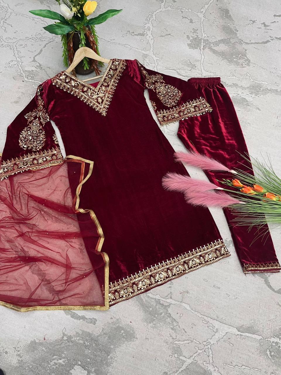 Blood Red Velvet Embroidery Salwar Suit with Dupatta - Indiakreations