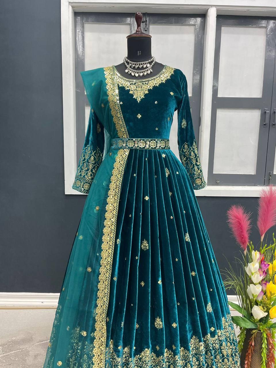 Teal Green Velvet Embroidery Salwar Suit with Dupatta - Indiakreations