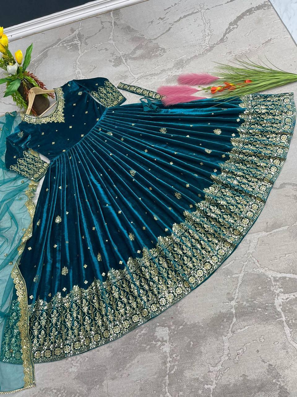 Teal Green Velvet Embroidery Salwar Suit with Dupatta - Indiakreations