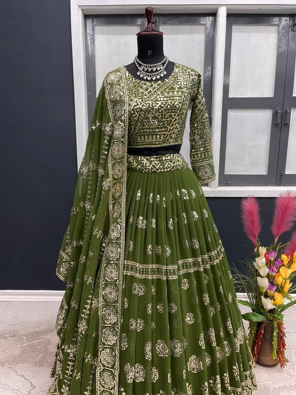 Olive Georgette Embroidery Lehenga Choli with Dupatta - Indiakreations