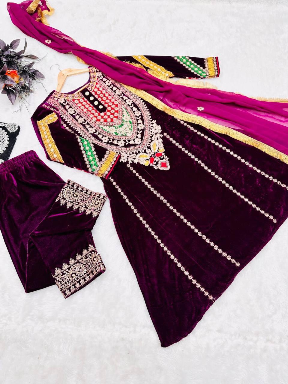 Wine Purple Velvet Embroidery Salwar Suit with Dupatta - Indiakreations