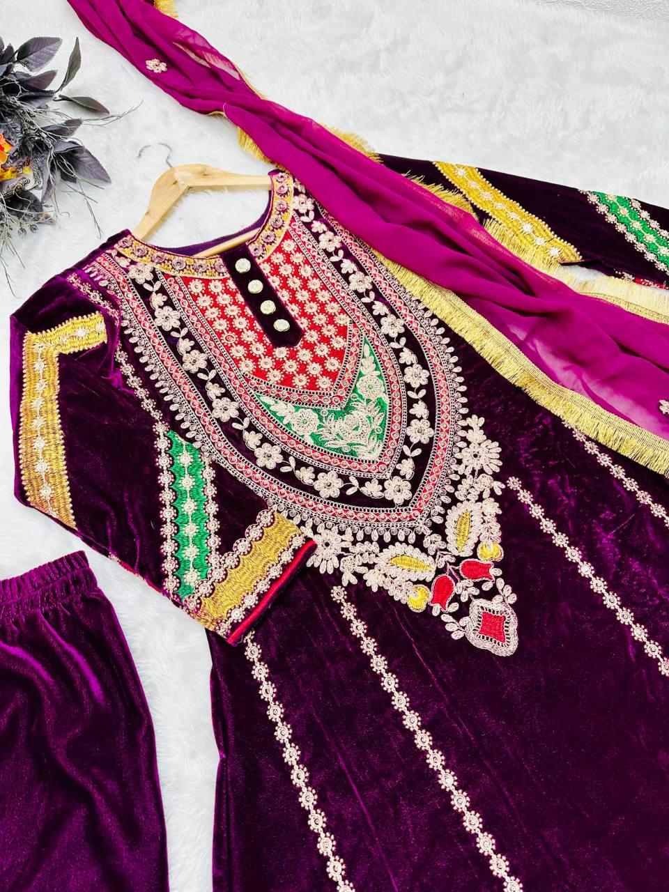 Wine Purple Velvet Embroidery Salwar Suit with Dupatta - Indiakreations