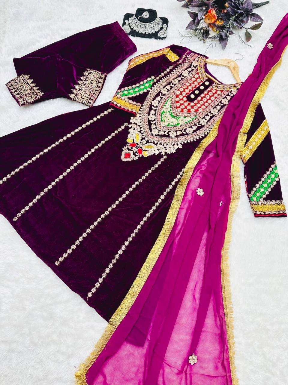 Wine Purple Velvet Embroidery Salwar Suit with Dupatta - Indiakreations