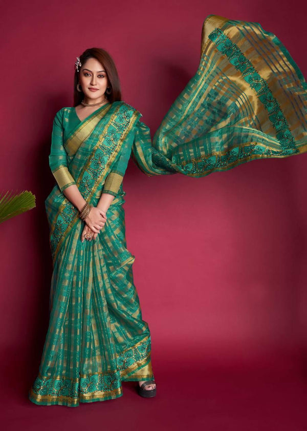 Pine Green Organza Silk Saree - Indiakreations