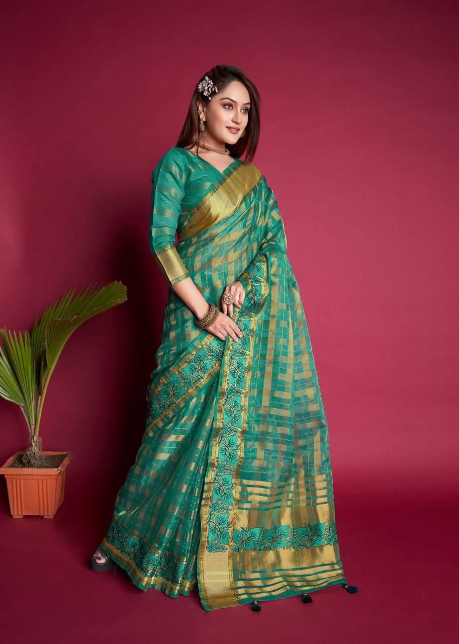 Pine Green Organza Silk Saree - Indiakreations