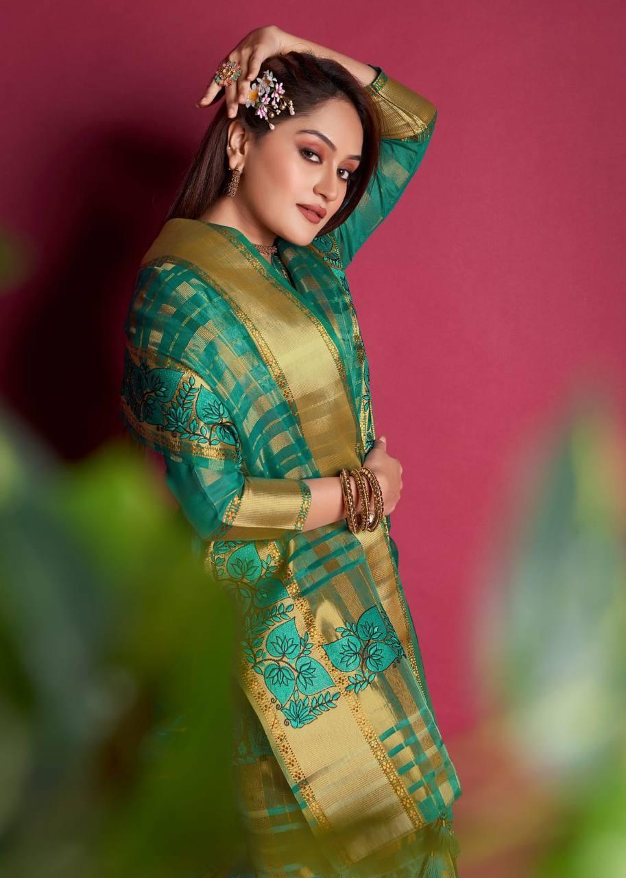 Pine Green Organza Silk Saree - Indiakreations