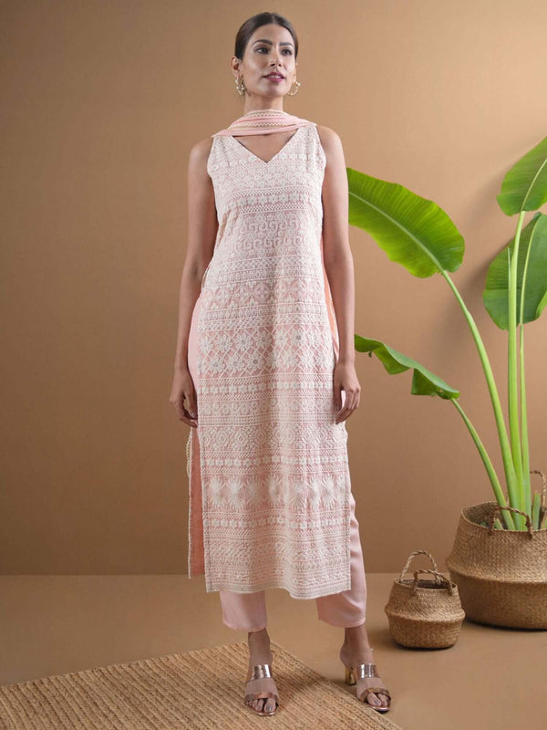 Pink Embroidered Georgette Straight Kurta With Dupatta