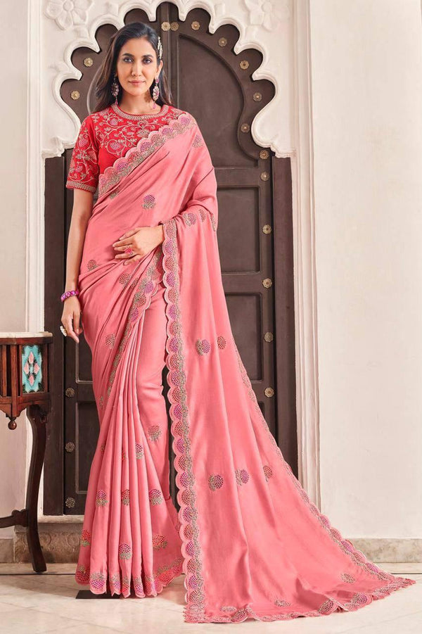 Pink Floral Dola Silk Saree - Indiakreations